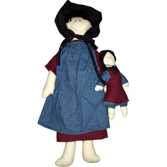 Pair of Amish Folk Art Handmade Primitive Cloth Dolls Mother & Child 17” - Picture 13 of 15